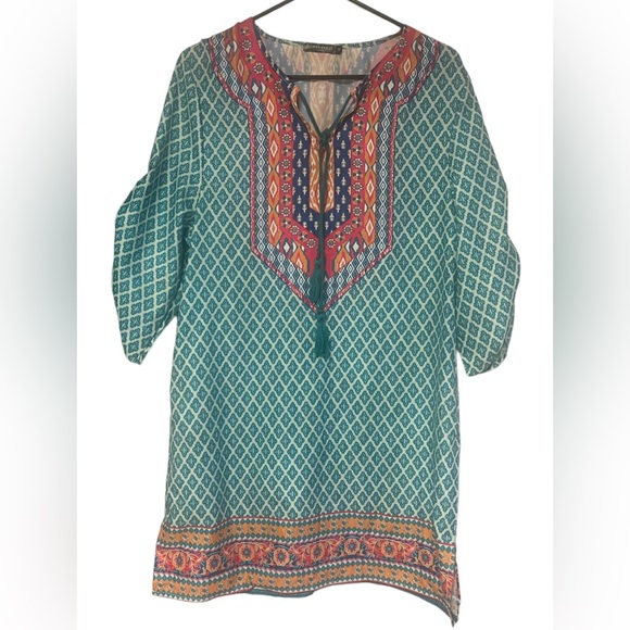 Urban CoCo Boho Print Tassel Toe Front Tunic Top/Dress size M Turquoise - Picture 2 of 14